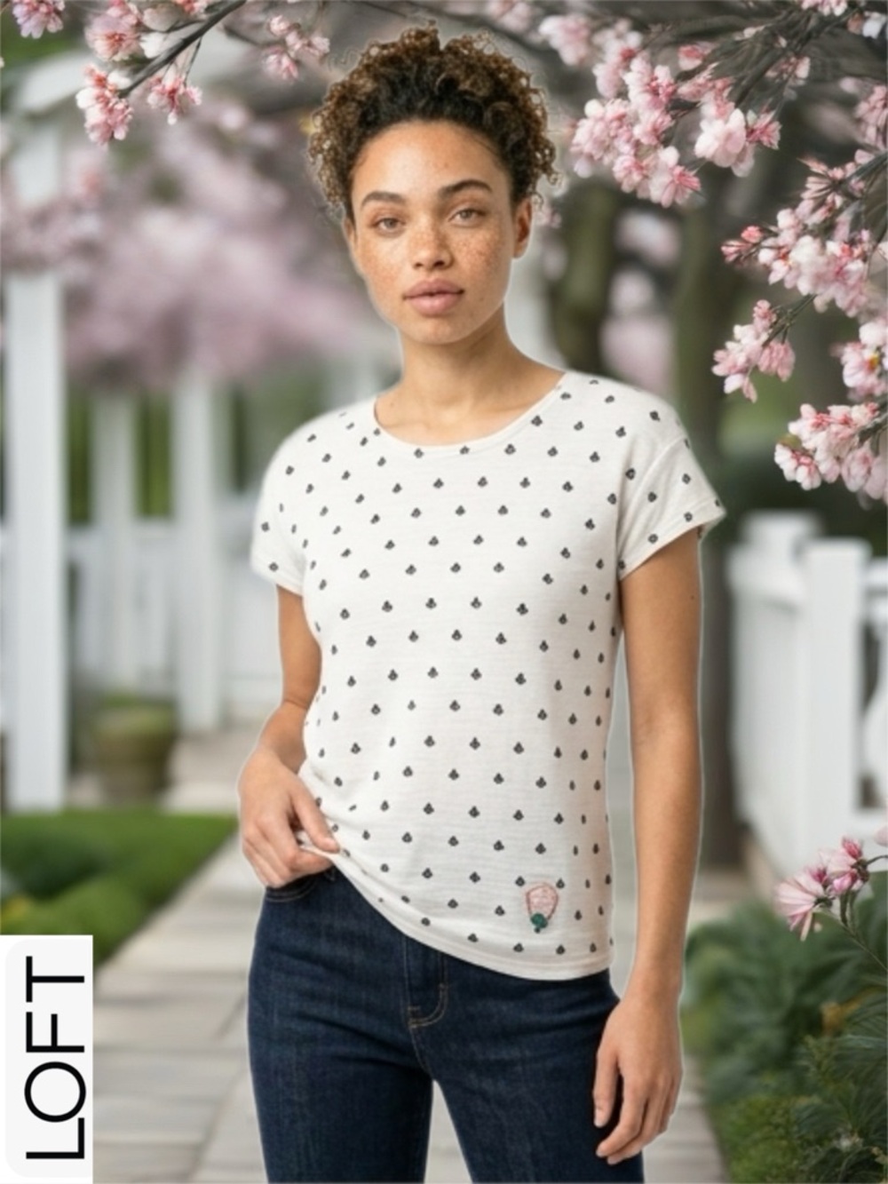 LOFT White Short Sleeve Tee with Black Flower Print